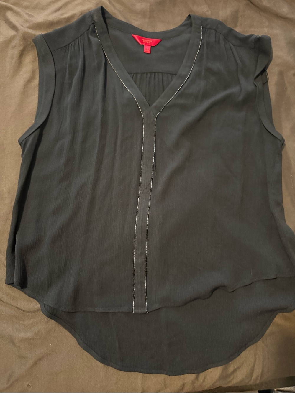 Jennifer Lopez Black Sleeveless V-Neck Blouse with Contrast Stitch